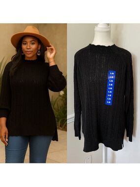 🐈NWT bleu:gray Cable Knit Lightweight Black Sweater L